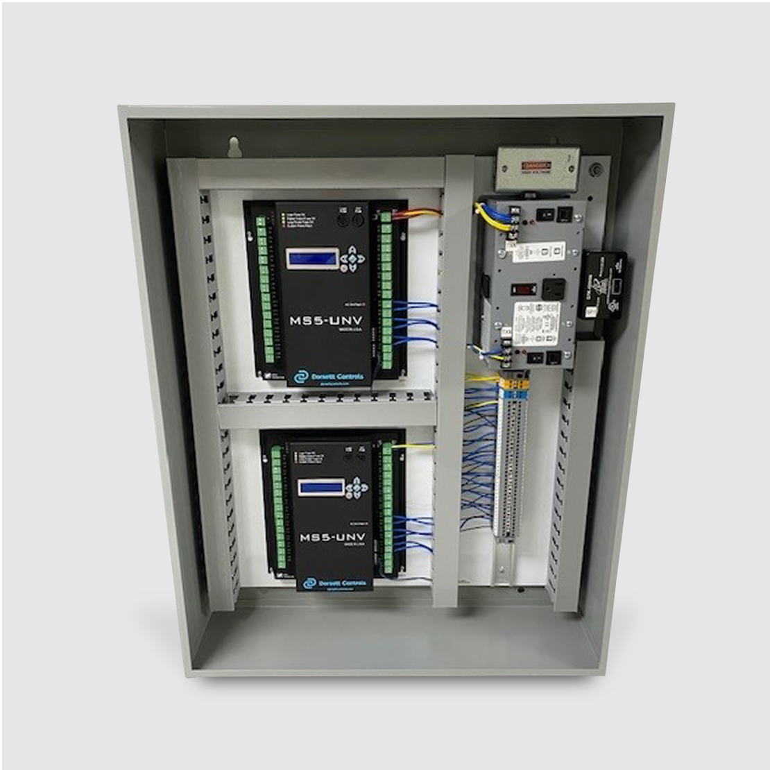 This is Dorsett Control's HVAC and control panel box with two Microscan 5 Universal Controllers